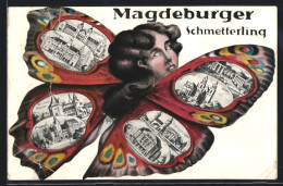 Schmetterling-AK Magdeburg, Fliegender Mensch Mit Schmetterlingsflügeln Und Ortsansichten, Dom, St. Lukas Klause  - Photographs