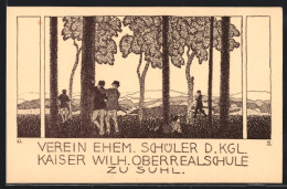 Künstler-AK Suhl, Verein Ehemaliger Schüler Der Königlichen Kaiser Wilhelm Oberrealschule, Ortspartie Mit Bergpanor  - Suhl