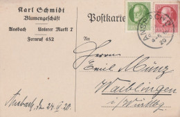 Bayern Firmenkarte Mit Tagesstempel Ansbach 1920 Karl Schmidt Blumengeschäft - Lettres & Documents