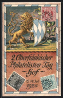 AK Hof, 2. Oberfränk. Philatelisten-Tag 1924, Löwe Mit Bayr. Wappen, Briefmarken  - Briefmarken (Abbildungen)