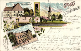 Lithographie Scheidingen Welver In Westfalen, Kirche, Schenkwirtschaft E. Nunnemann, Schule - Other & Unclassified