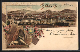 Lithographie Belfort, Vue Générale, Löwenstatue  - Belfort - Città