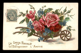 FANTAISIE - BROUETTE DE FLEURS - ROSES ET MYOSOTIS - Blumen