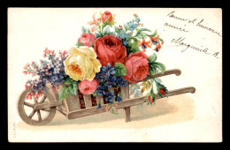 FANTAISIE - BROUETTE DE FLEURS - CARTE GAUFREE - Blumen