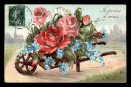 FANTAISIE - BROUETTE DE FLEURS - ROSES, MYOSOTIS, COLOMBES - PAILLETTES - CARTE GAUFREE - Blumen