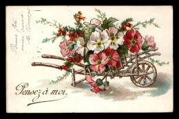 FANTAISIE - BROUETTE DE FLEURS - CARTE GAUFREE - Blumen