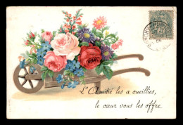 FANTAISIE - BROUETTE DE FLEURS - CARTE GAUFREE - Blumen