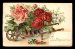 FANTAISIE - BROUETTE DE FLEURS - CARTE GAUFREE - VOIR ETAT - Flowers