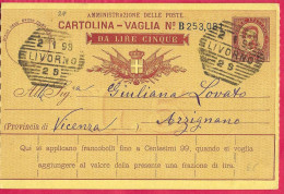 ANNULLO ESAGONALE "LIVORNO*2.1.93" SU INTERO CARTOLINA-VAGLIA C. 10 DA LIRE 5 (INT. 6C) PER ARZIGNANO - Marcophilie