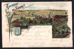 Lithographie Blamont, Vue Générale Avec L'Église, Armoiries  - Blamont