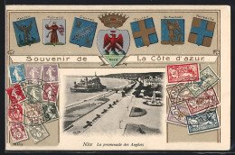 CPA Gaufrée Nice /Côte D`azur, La Promenade Des Anglais, Briefmarken, Armoiries Von Monaco, Cannes & Menton, Passepa  - Sonstige & Ohne Zuordnung