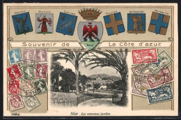 CPA Gaufrée Nice /Côte D`azur, Les Nouveaux Jardins, Briefmarken, Armoiries Von Monaco, Cannes & Menton, Passepartout  - Sonstige & Ohne Zuordnung