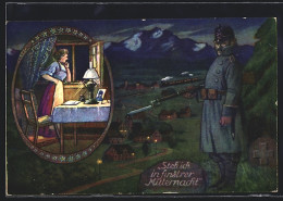 AK Schweizer Soldat Mit Gewehr Bei Nacht, Frau Am Fenster  - Autres & Non Classés