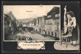 CPA Bergheim, La Place Du Marché Avec Versammlung U. Geschäft E. Gutmann, Elsässerin Avec Spinnrad  - Sonstige & Ohne Zuordnung