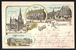 Lithographie Mülhausen I. E., Evangelische L'Église, Hôtel De Ville, Markt Et Markthalle  - Otros & Sin Clasificación