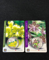 Mint Singapore Nets Flashpay EZ Link Transport Metro Train Subway Card, Orchid On Coin On Card, Set Of 2 Mint Cards - Singapore