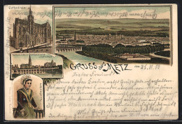 Lithographie Metz, Kathedrale, Todtenbrücke Avec Garnisonkirche, Lothringerin  - Metz