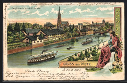 Lithographie Metz, Bateau à Vapeur Zwischen Jungfernwehr Et Mittelbrücke  - Metz