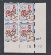 France N° 1331 XX Type Coq Decaris 0,25 F. En Bloc De 4 Coin Daté Du 10 . 7 . 62 ; 2 Traits, Sans Charnière, TB - 1950-1959