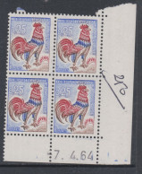 France N° 1331 XX Type Coq De Decaris 0,25 F. En Bloc De 4 Coin Daté Du 7 . 4 . 64 ; Sans Trait, Sans Charnière, TB - 1950-1959
