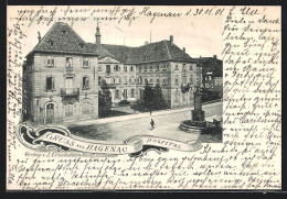 CPA Hagenau, Hospital Avec Strasse Et Monument  - Andere & Zonder Classificatie