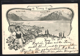 AK Vevey, Ortsansicht Mit Dame In Tracht Im Vordergrund  - Vevey