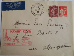 FRANCE - Lettre (enveloppe Entier 50c Paix) Inauguration Ligne Postale Aérienne Paris-Nice Le 16/02/1938 - 1921-1960: Moderne