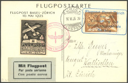 LUFTPOST SF 25.2 BRIEF, 10.5.1925, Flugpost BASEL-ZÜRICH, Sonderkarte Mit Vignette Und Mi.Nr. 181, Prachtkarte - Erst- U. Sonderflugbriefe