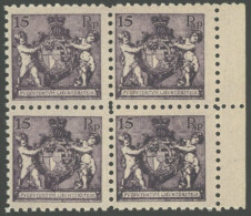 LIECHTENSTEIN 52A  VB **, 1921, 15 Rp. Schwarzgrauviolett, Gezähnt L 91/2, Im Viererblock, Postfrisch, Pracht, Mi. 240.- - Sonstige & Ohne Zuordnung