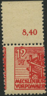 MECKLENBURG-VORPOMMERN 36zf **, 1946, 12 Pf. Dkl`rosa, Dünnes Papier, Oberrandstück, Dezentriert, Pracht, Gepr. Kramp, M - Otros & Sin Clasificación