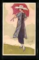 Künstler-AK E. Colombo: Dame Mit Roten Schirm Und Weissen Hut  - Colombo, E.