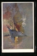 Künstler-AK Harry Heusser: Vernichtung Des Grössten Italienischen Motorseglers 1915  - Warships