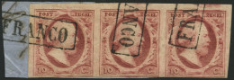 NIEDERLANDE 2 BrfStk, 1852, 10 C. Rosakarmin Im Waagerechten Dreierstreifen, R1 FRANCO, Prachtbriefstück - Gebruikt