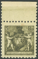 LIECHTENSTEIN 48A **, 1921, 5 Rp. Schwarzbräunlicholiv, Gezähnt L 91/2, Oberrandstück, Postfrisch, Pracht, Mi. (280.-) - Altri & Non Classificati