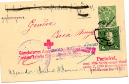 SERBIE.(OCCUPATION AUSTRO-HONGROISE).1916.E.P.POUR AUTRICHE VIA "CROIX-ROUGE SERBE GENEVE (SUISSE).DOUBLE  CENSURE.  - Serbie