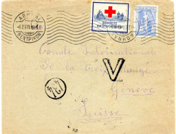 GRECE.1916, LETTRE POUR LA SUISSE..VIGNETTE CROIX-ROUGE OBLIGATOIRE.CENSURE. - Bienfaisance