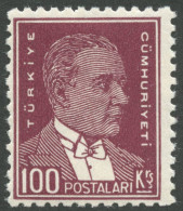 TÜRKEI 961 **, 1931, 100 K. Lilabraun, Gezähnt L 111/2, Falzrest, Postfrisch, Pracht - Sonstige & Ohne Zuordnung