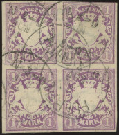 BAYERN 30a  VB O, 1874, 1 M. Violett Im Viererblock, K1 FÜRTH, Obere Rechte Marke Leicht Berührt Sonst Vollrandig Pracht - Used