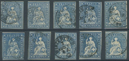 SCHWEIZ BUNDESPOST 14IIBym O, 1859, 10 Rp. Lebhaftblau, Berner Druck III, (Zst. 23G), 10 Prachtwerte In Nuancen - Autres & Non Classés