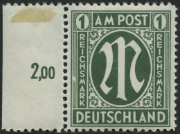 AMERIK. U. BRITISCHE ZONE 35IV **, 1946, 1 RM Dkl`graugrün Mit Abart Linke Zierlinien Neben SM In Reichsmark Durch Weiße - Other & Unclassified