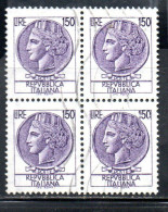 ITALIA REPUBBLICA ITALY REPUBLIC 1968 - 1976 SIRACUSANA TURRITA STELLE STARS LIRE 150 QUARTINA USATA BLOCK USED OBLITERE - 1961-70: Usados