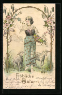 Lithographie Fröhliche Ostern, Maid Und Lämmer  - Ostern