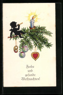 Künstler-AK Weihnachtsengel Auf Einem Geschmückten Tannenzweig Mit Lebkuchen  - Angels
