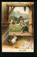 Lithographie Fröhliche Ostern, Schweizer Bub Und Kaninchen  - Ostern