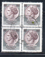 ITALIA REPUBBLICA ITALY REPUBLIC 1968 1976 1971 SIRACUSANA TURRITA STELLE STARS LIRE 180 QUARTINA USATA BLOCK USED OBLIT - 1961-70: Oblitérés