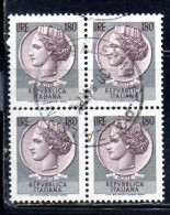 ITALIA REPUBBLICA ITALY REPUBLIC 1968 1976 1971 SIRACUSANA TURRITA STELLE STARS LIRE 180 QUARTINA USATA BLOCK USED OBLIT - 1961-70: Gebraucht