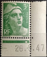 FRANCE. Y&T N° 716A**. Coin Daté Du 26/09/1947. Type. Marianne De Gandon 3F. Vert. Neuf** MNH - 1940-1949