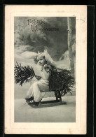 AK Weihnachtsengel Auf Einem Schlitten Mit Tannenbäumen In Der Hand  - Anges
