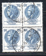 ITALIA REPUBBLICA ITALY REPUBLIC 1968 1976 SIRACUSANA TURRITA STELLE STARS LIRE 200 QUARTINA USATA BLOCK USED OBLITERE' - 1961-70: Afgestempeld