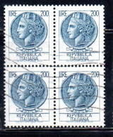 ITALIA REPUBBLICA ITALY REPUBLIC 1968 1976 SIRACUSANA TURRITA STELLE STARS LIRE 200 QUARTINA USATA BLOCK USED OBLITERE' - 1961-70: Afgestempeld